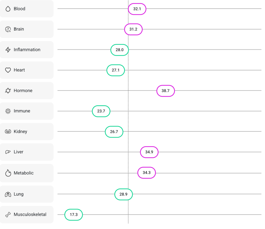 Symphony Age organ breakdown: Blood 32.1, Brain 31.2, Inflammation 28.0, Heart 27.1, Hormone 38.7, Immune 23.7, Kidney 26.7, Liver 34.9, Metabolic 34.3, Lung 28.9, Musculoskeletal 17.3