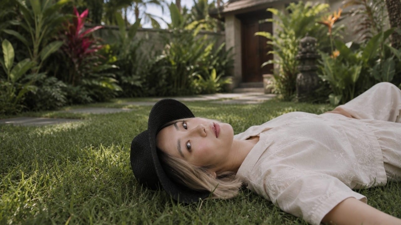 Cathy Kim lying in a grass garden in Bali — Founder, KINS